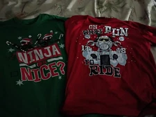 Boy's Or Girl's Christmas T-shirt Lot Ninja Or Nice Biker Santa Fun To Ride 2pcs