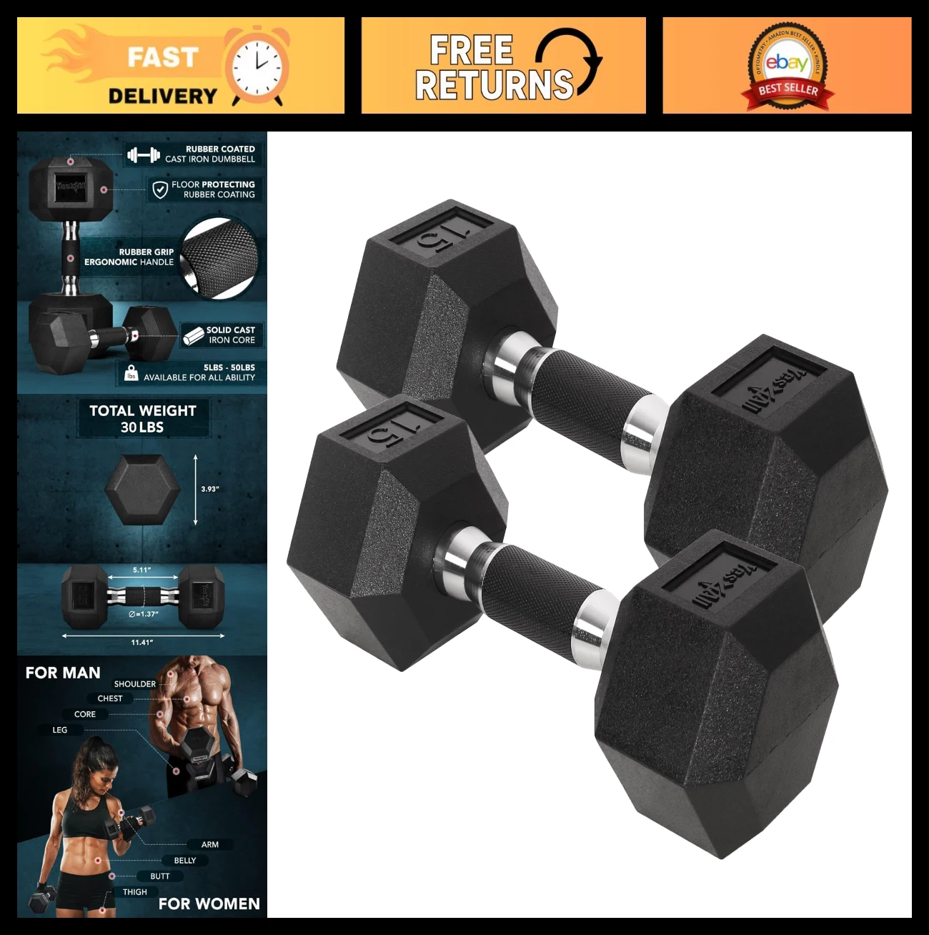 Chrome Rubber Grip Hex Dumbbells - Anti-Slip Hand Weights 10-30 LBS Pair