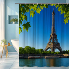 Elegant Eiffel Tower Shower Curtain, Waterproof Fabric, Green Decor