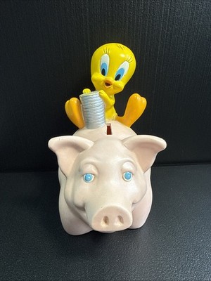 Vintage 2000 Warner Bros Tweety Bird Piggy Bank Looney Tunes Pink Pig Vinyl