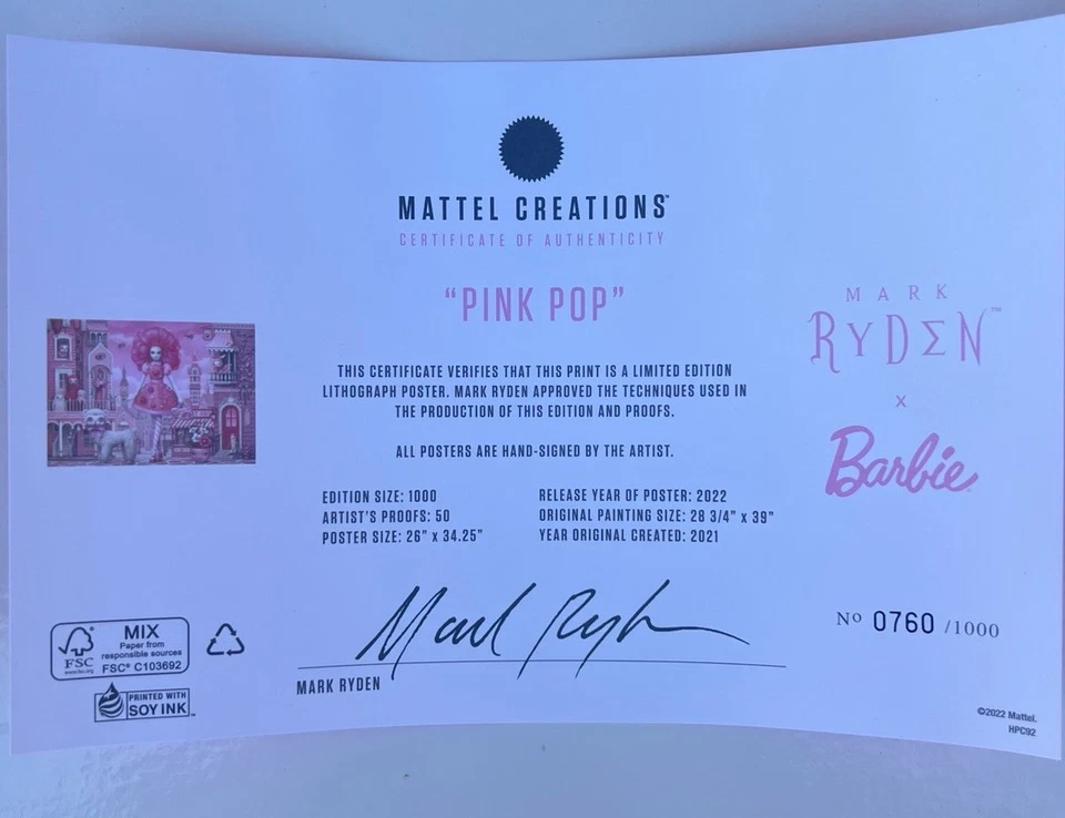 Impresión de arte pop rosa firmada por Mark Ryden x Barbie 760 de 1000 - Mattel Creations Foto 2 de 2