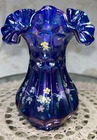 Fenton Iridescent ICGA Cobalt Carnival Glass Thumbprint Oval Vase Everson