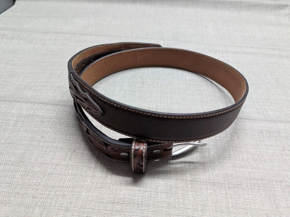 Vintage ARIAT Hebilla Cinturón TOOLED Cuero 38 Marrón OCCIDENTAL Marrón VAQUERO Foto 4 de 4