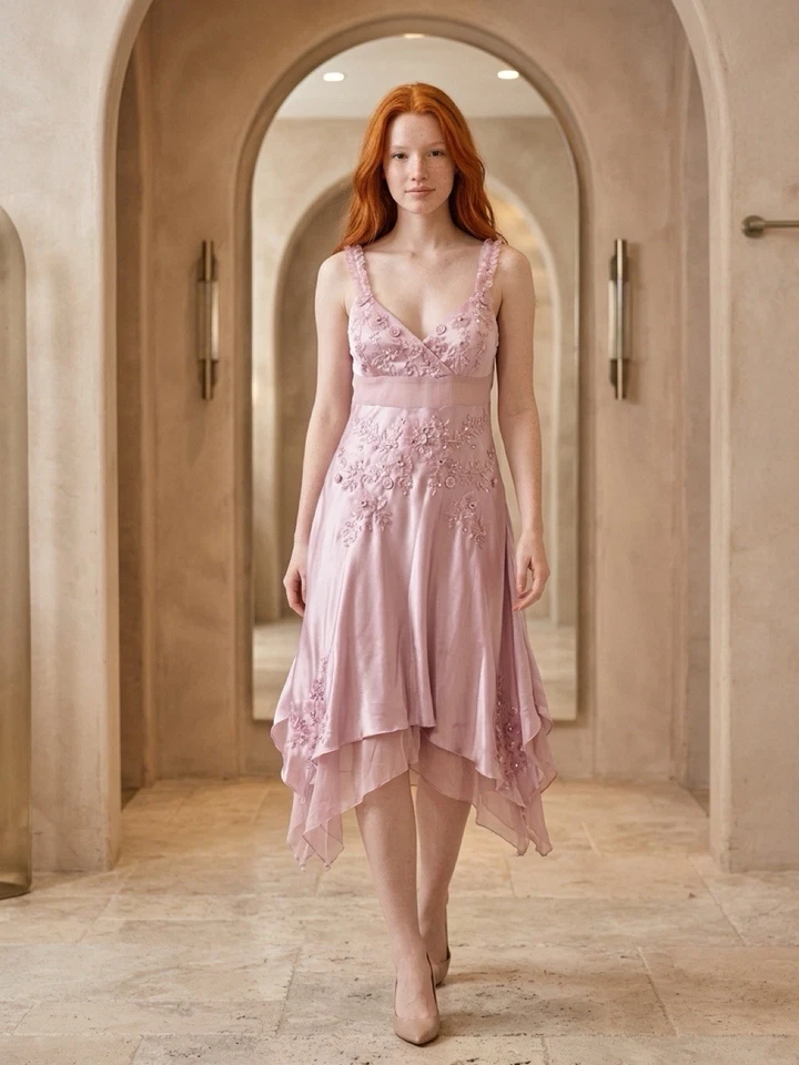 Vestido Sue Wong Y2K Rosa Lavanda Talla 6 Excelente Vintage 3D Flores Cuentas - Imagen 1 de 4