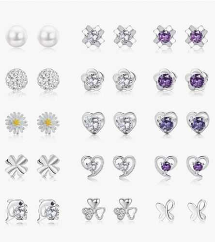 15 Pairs Stud Earrings Set Plated 925 Sterling Silver Cubic Zirconia Earring Pea