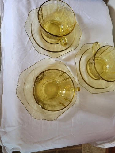 Set Of 3 Federal Glass Depression Yellow Amber Cup And Saucer Sets