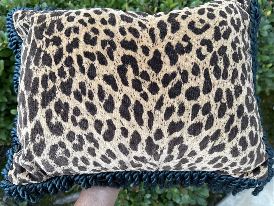 Newport Cheetah Print Velvet Pillow Black Tan Fringe Cording 15”x 11" Cushion - Image 4 of 4
