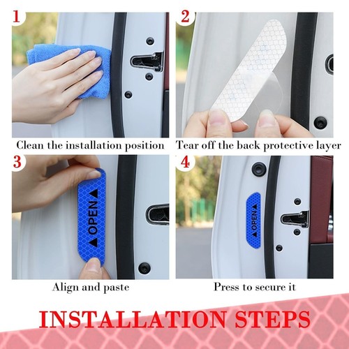 4PCS Blue Car Door Open Warning Reflective Stickers Night Safety Luminous Decals - Picture 10 of 10