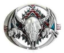 New Raised Steer Skull Belt Buckle Enameled South Western Metal Pewter Tone
