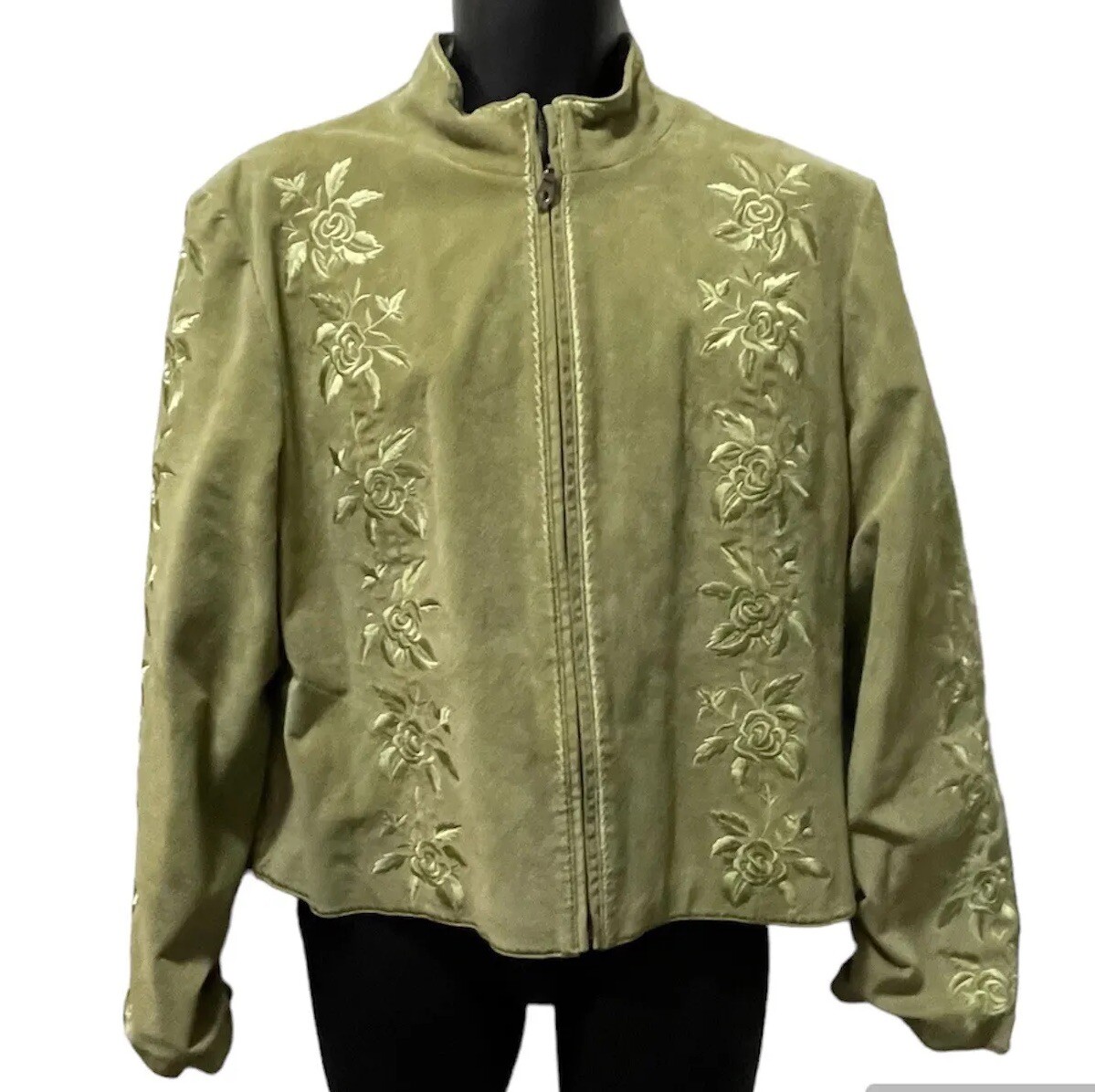 Vintage Metro Style Leather Jacket Women’s Size XL Green Embroidered Roses