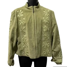 Vintage Metro Style Leather Jacket Women’s Size XL Green Embroidered Roses