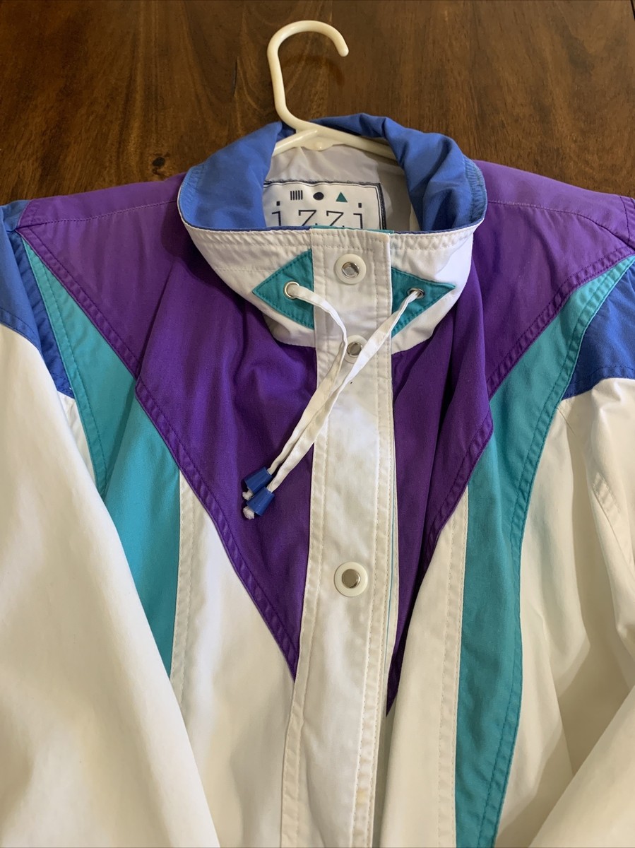 Vintage 80s 90s Izzi Ski Jacket Sz M Full Button Up White Blue
