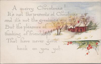 #ad Holiday Christmas Holly Berries Red Brick House Vintage Postcard $2.51
