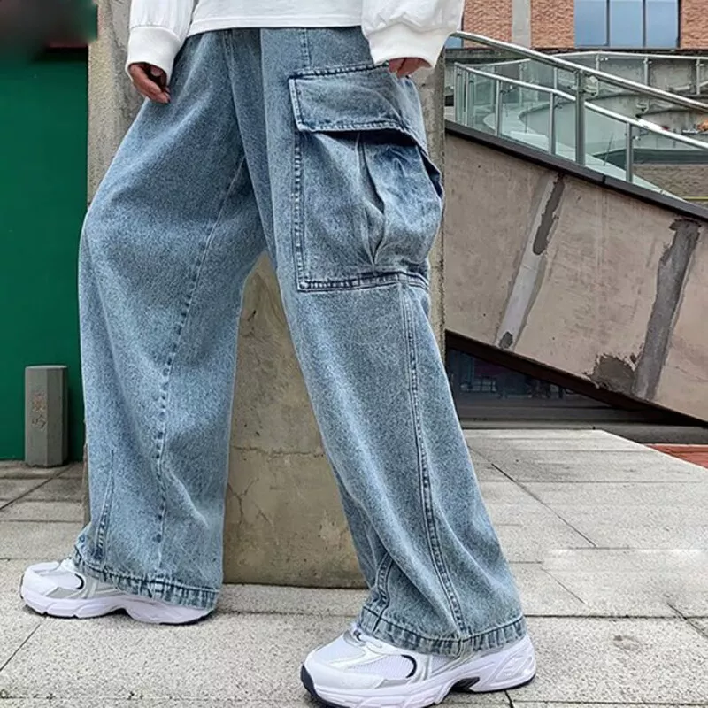 Spring Blue Full-Length Oversized Loose Fit Wide Leg Cargo Pants Men  Fashion Casual Plus Size Elastic Waist Jeans Street Trousers