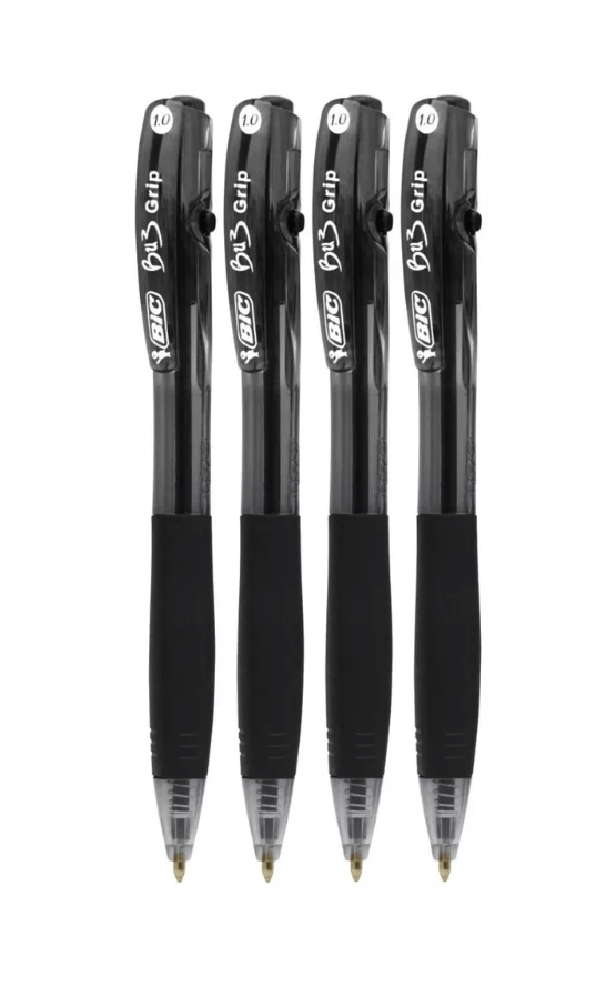 Bic Bu3 Grip Black Blue Ink Biro Pens Retractable Medium Ballpoint