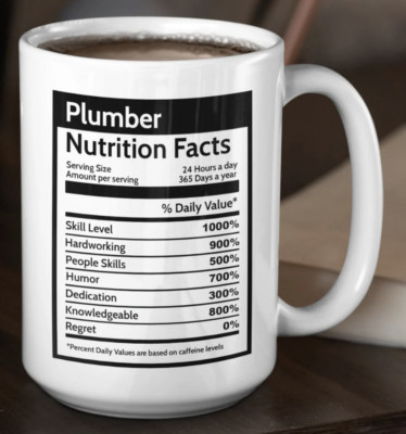 Plumber Nutrition Facts Coffee Mug Gift for Construction Pipe Fitter Coworker