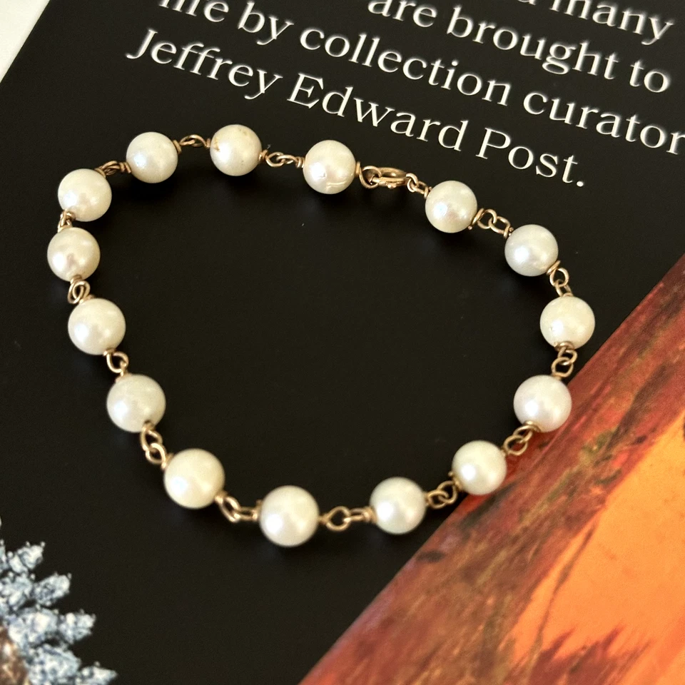 Brazalete Estación Crema 6.5" Vintage Oro Amarillo 14K Genuino Perla 6MM Foto 4 de 4