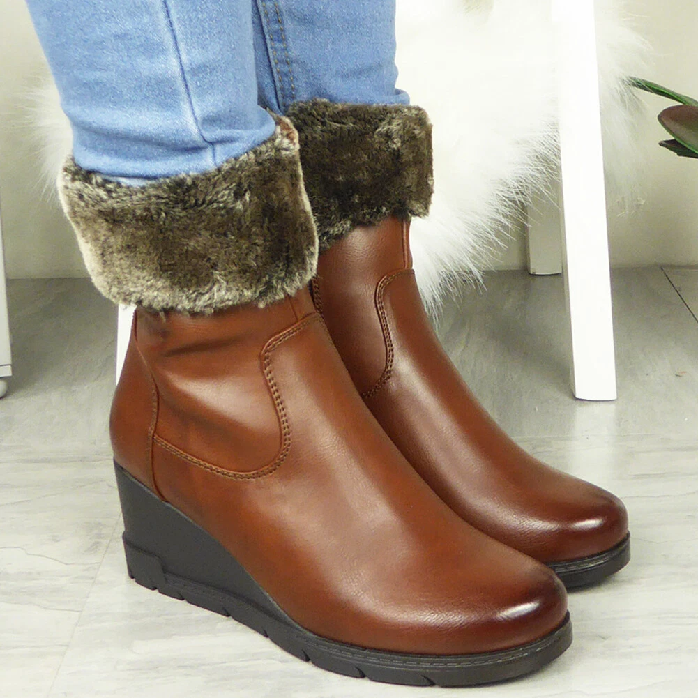 Ankle Wedge Boots Shoes Chelsea Ladies Heels Womens Warm Faux Fur Lined Zip Size