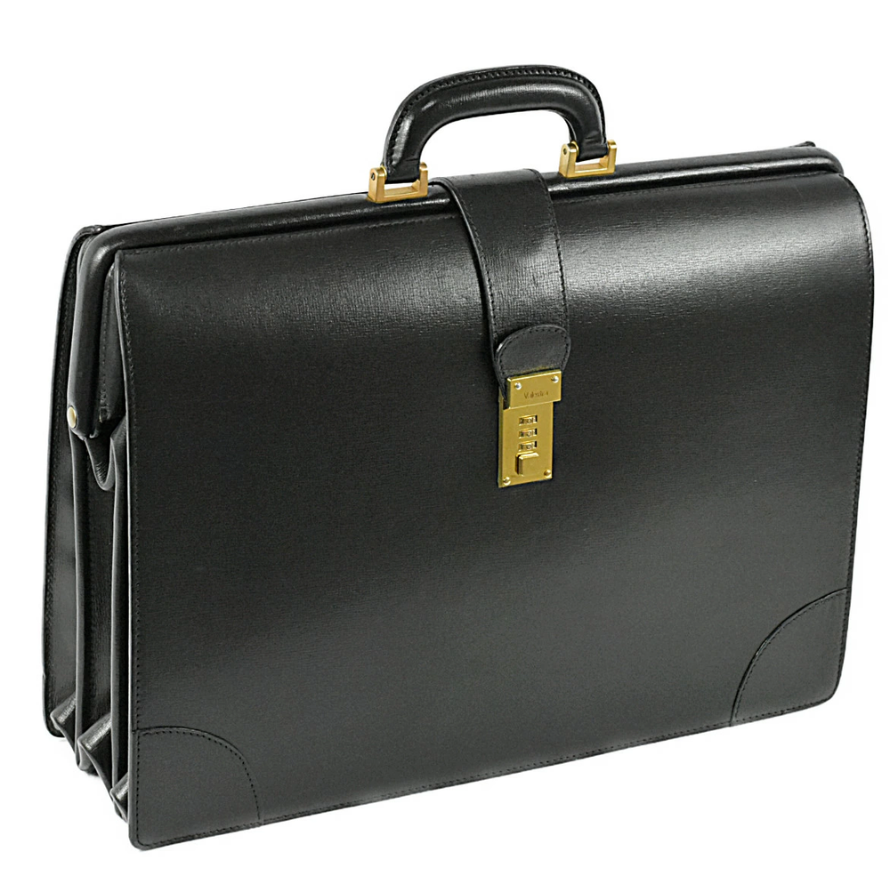 Valextra Rare Dulles Bag Black Leather Briefcase Gold Hardware 13.4x17.7 in