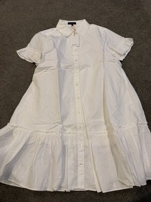 Quince Basic Sleeved Dress Poplin Short Ruffle Shirt Dress White Women s Size S