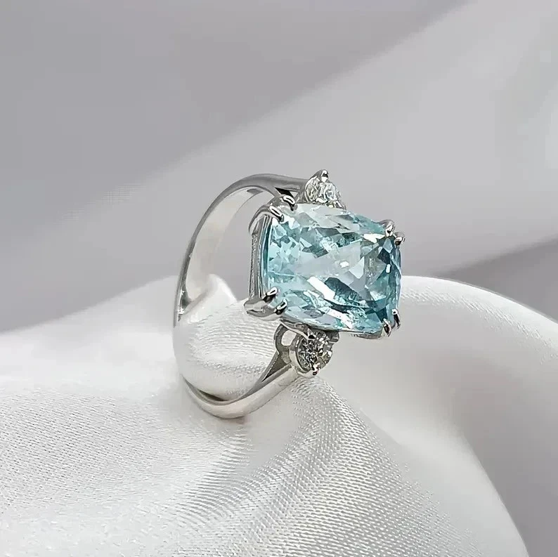 Cushion Cut 6.50 Ct Natural Aquamarine & Diamond Solid 14K White Gold Ring - Image 4 of 4