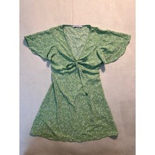 Zara Green Floral Mini Dress V-Neck Front Tie Flutter Sleeve Small