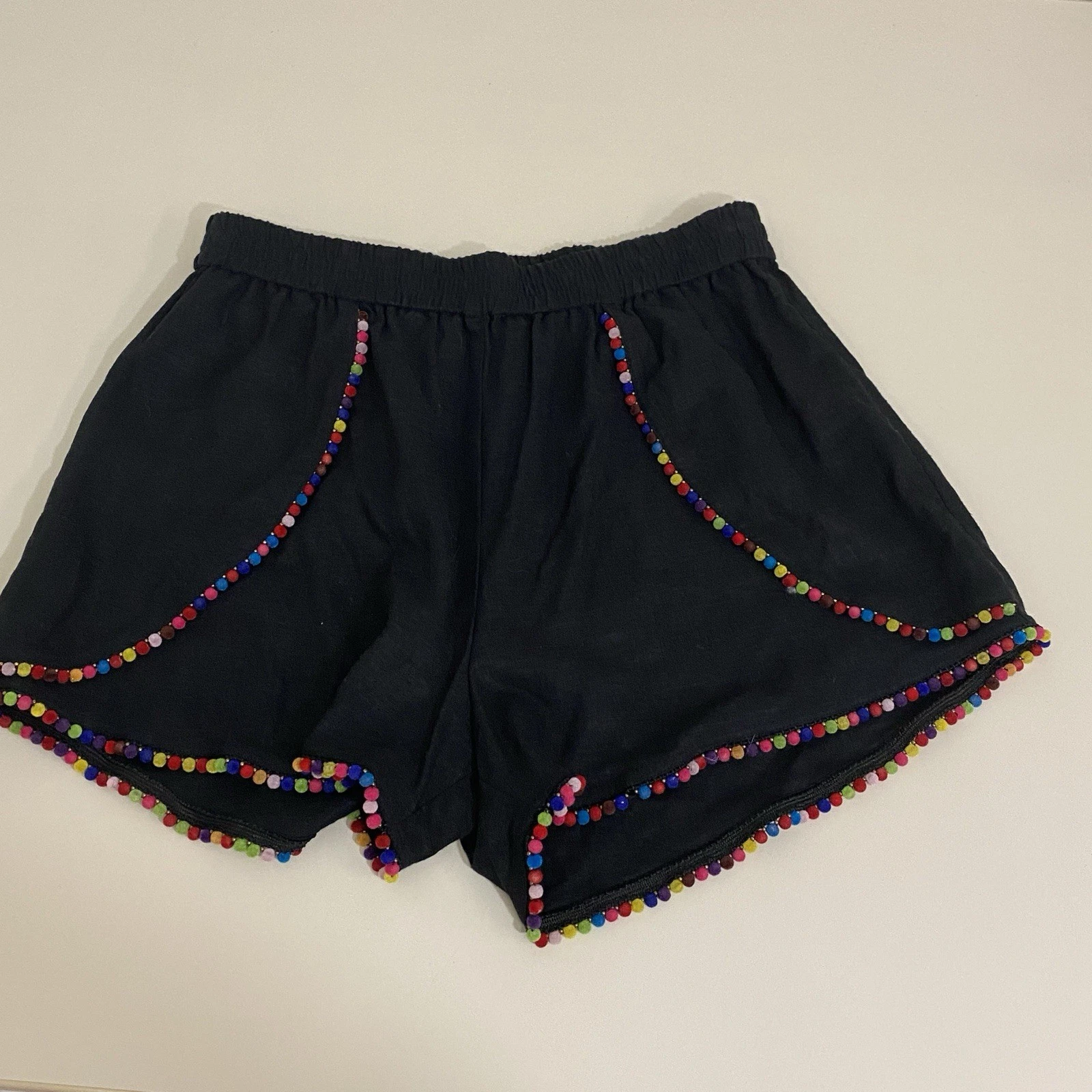 BCBGeneration Shorts Womens S Black Linen Blend Pom Pom High Rise Boho NWT