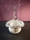 VTG FENTON - VIOLETS IN THE SNOW-SILVER CREST RUFFLED TOP BASKET VASE MILK GLASS