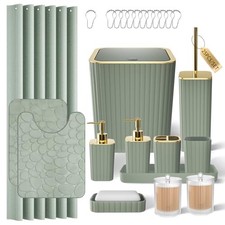 Bathroom Accessories Set - 25PC Bath Set Shower Curtain Rugs Sage Green Gold
