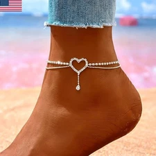 Exquisite Hollow Shiny Double Layer Anklet Chic Heart Drop Rhinestone Chain Gift