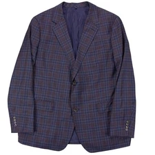 Bonobos Mens 50R Prominent Fit Navy Blue / Burgundy Mini Plaid Blazer Sport Coat