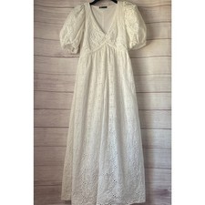 Zara White Cutout Lace Midi Dress Puff Sleeves Embroidery Size Small