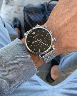EMPORIO ARMANI HERREN UHR AR1811 EDELSTAHL MESH BAND & SCHWARZES ZIFFERBLATT ORIGINAL