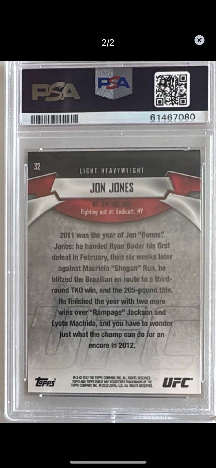 Topps 2012 Finest UFC Jon Jones #32 Base Set PSA Graded Trading Card view 2