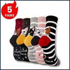 5 Pairs of Women's Crew Socks with Cat Patterns, Cute, Unique, Fun, Comfortable,