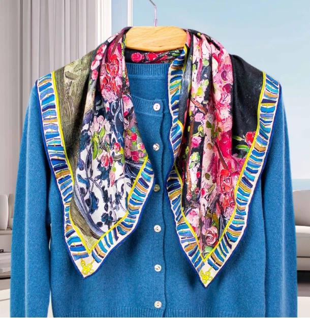 70% Cashmere 30% Silk Bandana Scarf Flower Print Neckerchief 26'' Shawl Wrap
