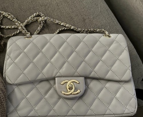 CHANEL Gray Quilted Logo Flap Shoulder Bag Gold Chain Strap Snap Closure