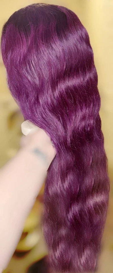 Gorgeous,28 Inch Long,100% Human Hair, Cosplay,Black Roots W/ Bright Purple Wig - Image 2 of 4