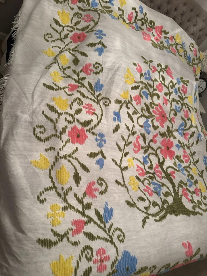 Colcha Vintage Crewel Bordada Cobertura Vibrante Árvore da Vida Rainha Completa - Imagem 3 de 4