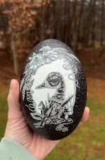 Engraved Hand Carved Emu Egg Duck Scene 5.5” X 3.75” Unique Decor