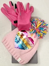(MSRP $40) Girls's Knit Lined Beanie Hat and Glove Set PINK Size L/XL