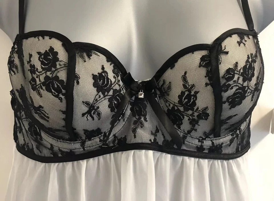 Linea Donatella White & Black Bodice Sheer Underwired Chemise & Thong Set Small - Image 2 of 4