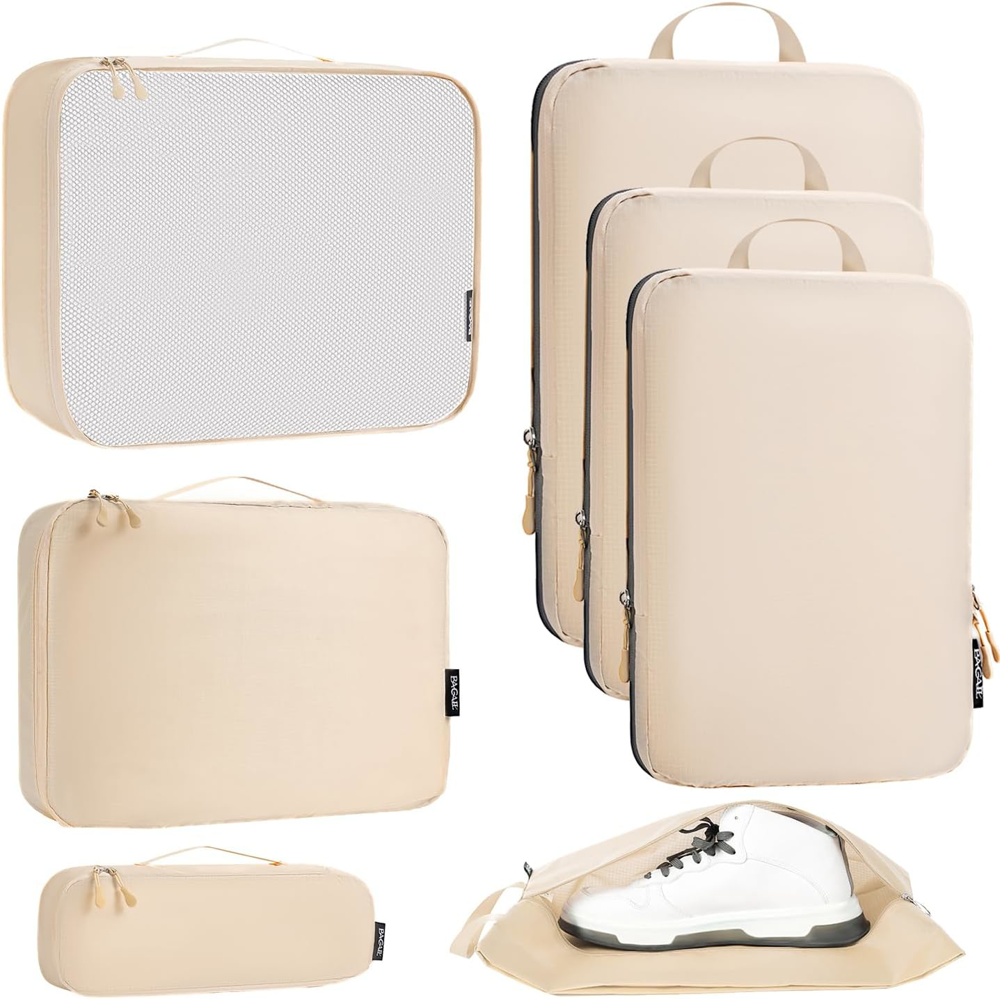 Ultralight 7 Set Compression Packing Cubes with Shoe Bag - Beige