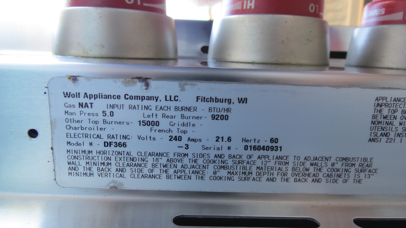 WOLF DF366 DUAL FUEL 36" RANGE, 6 GAS BURNERS & ELECTRIC 220V OVEN eBay