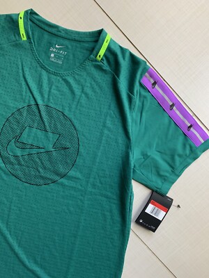 Nike Dry Fit Running Training Shirt Mens L Green Swoosh Air