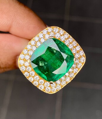 11,94 TCW Echter Smaragd 18k Weißgold Pavé Natürlicher Diamant Ring. Smaragd Trilogie