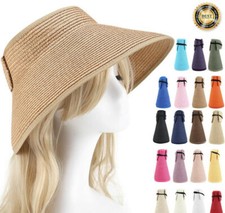 Womens Sun Straw Visor Outdoor Hat Fold able Roll Up Wide Big Brim Open Top Cap