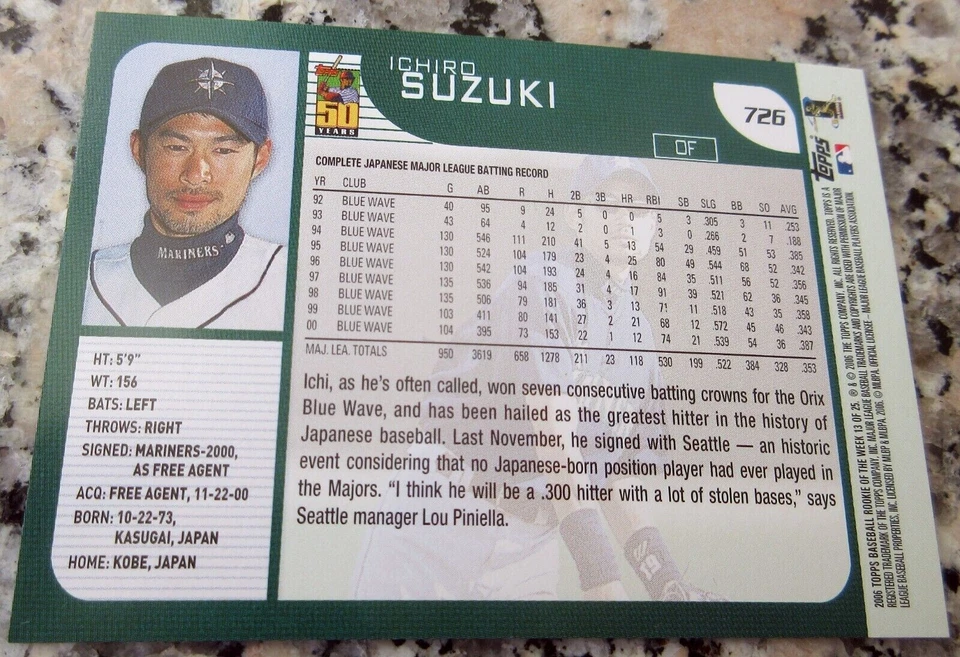 ICHIRO SUZUKI Topps Rookie Of The Week Mariners NY Yankees 4000 Plus Hits HOF🔥 - Imagem 2 de 2