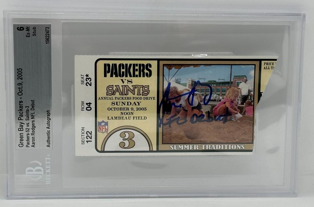 Aaron Rodgers Autographed Signed Green Bay Packers NFL Debut Ticket 10/9/05 ! Beckett 6 