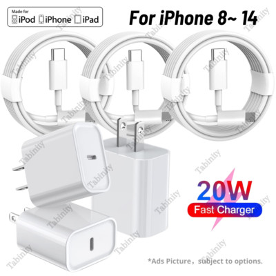 Bulk Lot For iPhone 14 13 11 20W Power Adapter USB Type-C Fast Charger PD Cable
